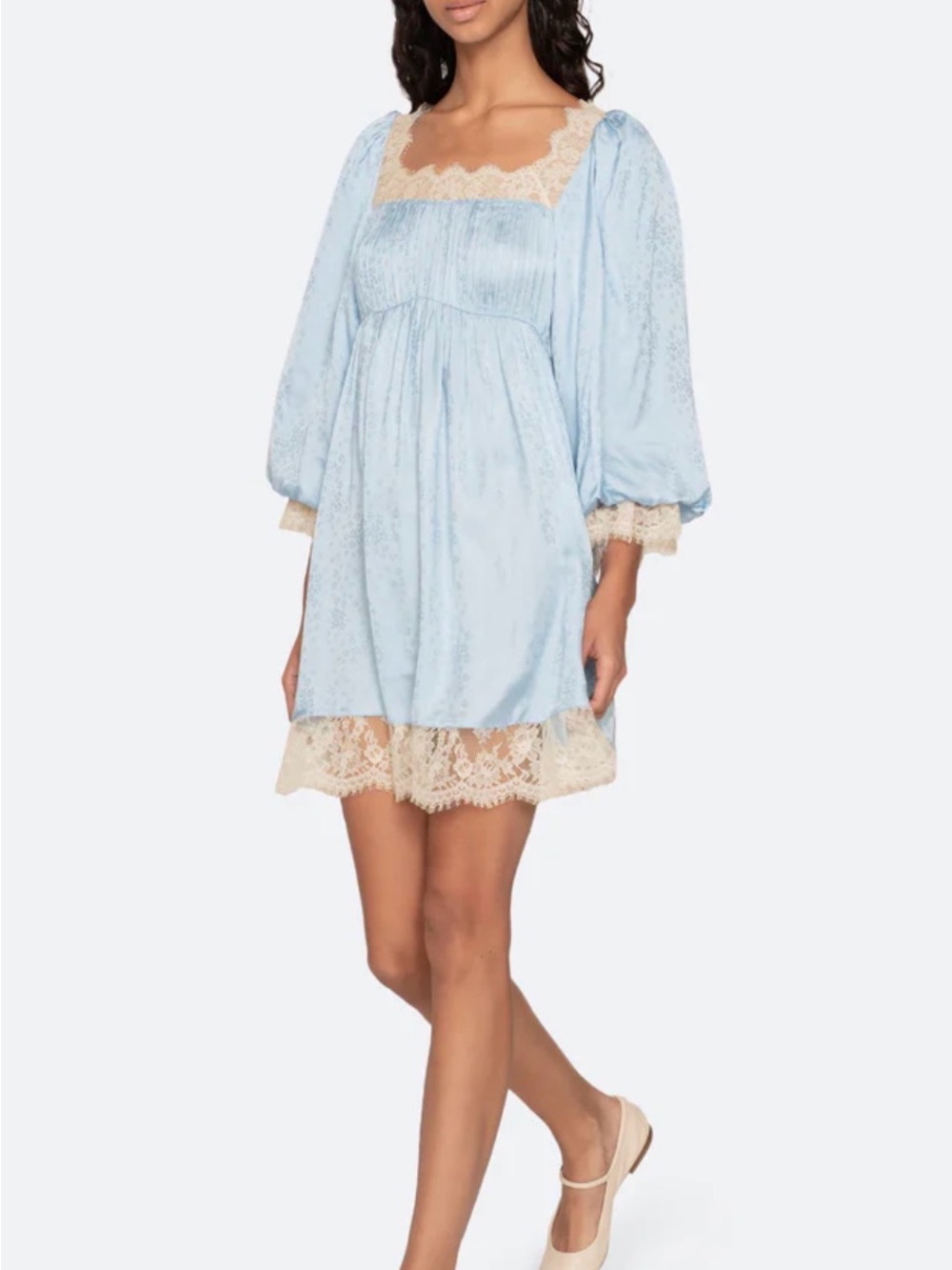 Sea New York Pale Blue Babydoll Chemise Dress with Cream Lace